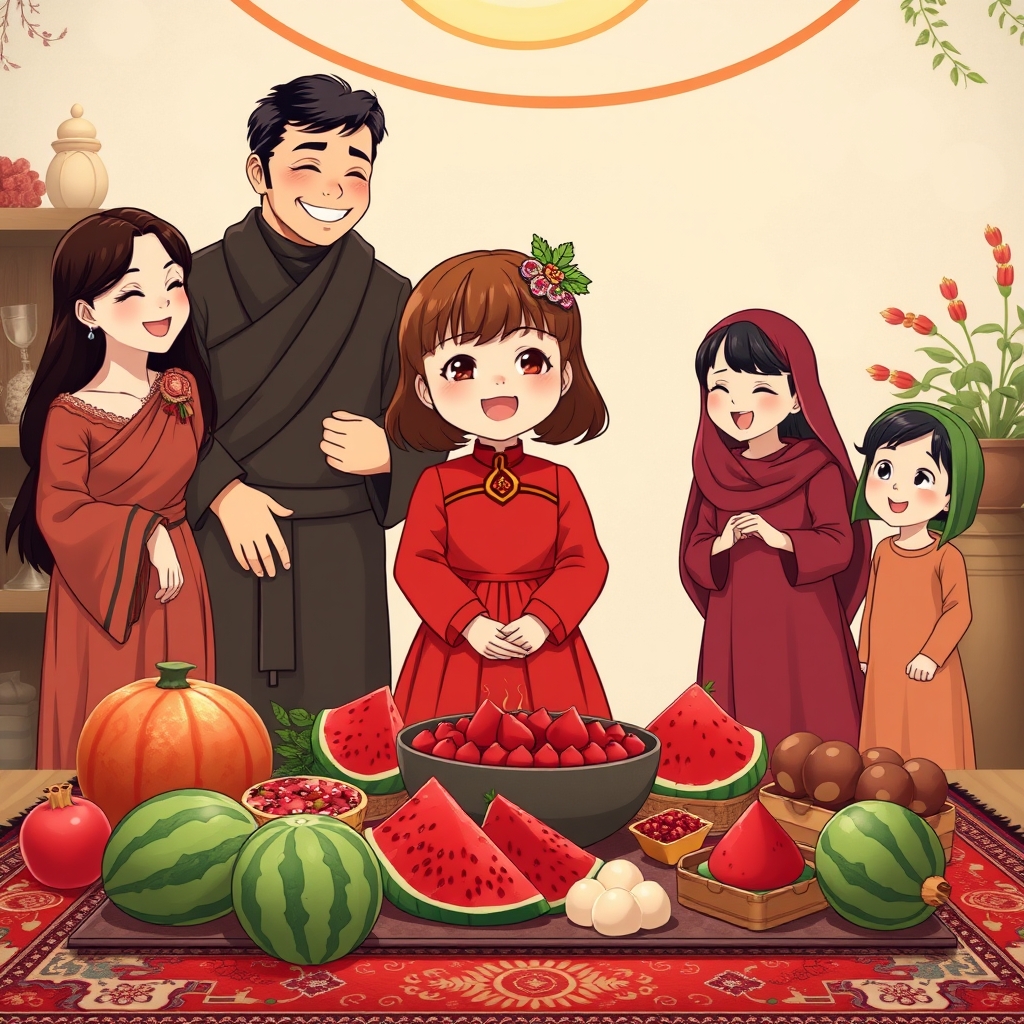 یک دختر بچه گوگولی انیمه ای با لپ های قرمز با موی قهوه ای که یک گیره مو هندوانه ای زده به مویش زده و دامن قرمز پوشیده است و در کنار خانواده اش می خندد و جلو آنها یک سفره شب یلداست21