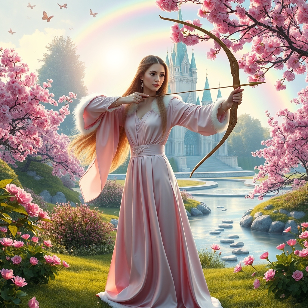 ملکه ای با لباس ابریشم صورتی کریستالی آستین و یقه پشمی خز دار سفید مو بلند و چشمانی درخشش خورشید قصری مه شبیه دریا شیشه ای و نمای زیبا دارد و باغی رویایی بهشتی پروانه و رنگین کمان و خورشید به موهای ملکه میتابد ملکه در حال تمرین تیر اندازی در باغ است رودخانه هم هست و درخت شکوفه های صورتی8
