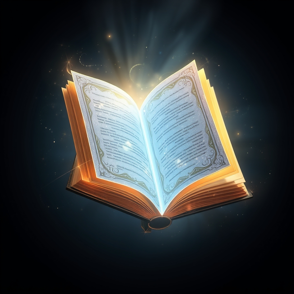 یک کتاب فانتزی با صفحاتی از جنس نور، که هنگام شناور شدن در هوا می‌درخشد.4