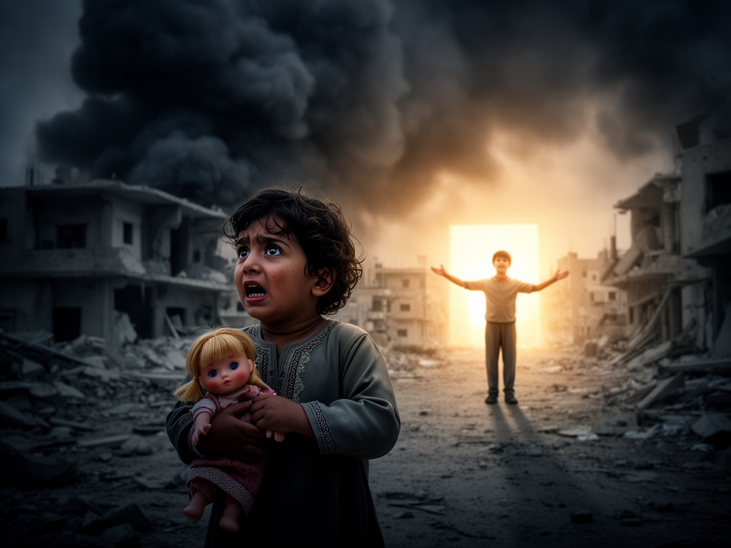 کودکی در میان خرابه های شهر جنگ زده غزه،که دود های غلیظ تمام آسمان را سیاه کرده اند،عروسکی در آغوش خود دارد و همچنان از ترس بخود میلرزد و به دنبال پناهگاه امنی میگردد.و در آنسوی شهر گویی دریچه ای به نور گشوده شده و کودکی ایرانی او را به استقبال آرامش میخواند.5