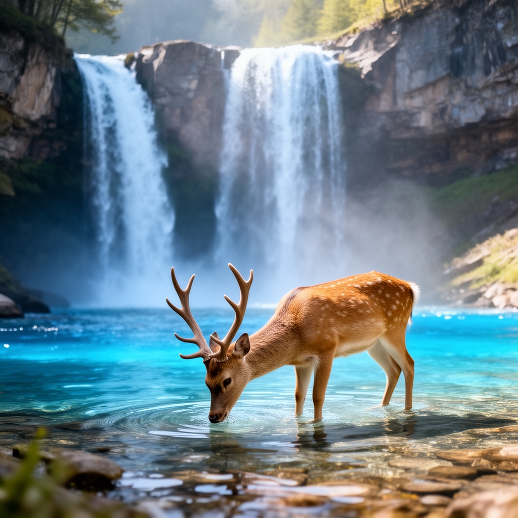 طبیعتی زیبا با آبشار هایی به رنگ آبی آسمانی که یک آهو در حال آب خوردن از آن است1
