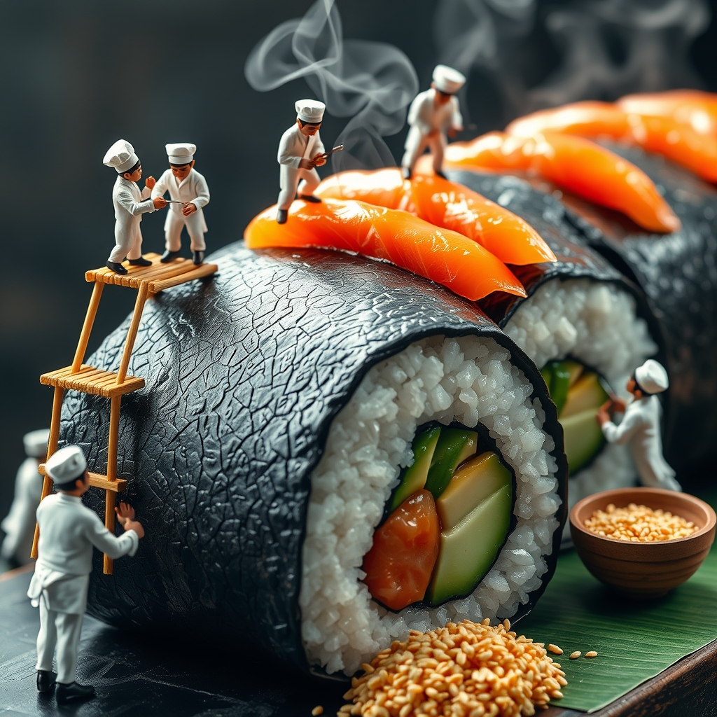 عکاسی ماکرو فوقالعاده واقعی از یک رول سوشی غولپیکر و تازه آماده، با سرآشپزهای ژاپنی کوچک و با جزئیات با لباسهای سنتی سفید و هدبندهایی که به دقت آن را مونتاژ میکنند. برخی از سرآشپزها روی داربست های بامبو می ایستند و ماهی قزل آلا تازه و شاداب را با دقت برش می دهند و مرتب می کنند، در حالی که برخی دیگر سس سویا براق را با برس های ظریف پخش می کنند. یکی از سرآشپزها در حال چرخاندن سوشی با یک تشک بامبوی بزرگ است، در حالی که دیگری کنجد را از یک کاسه چوبی مینیاتوری می پاشد. جلبک دریایی سیاه عمیق با برنج سفید روشن، آووکادو و خیار ترد تضاد دارد. نورپردازی سینمایی دراماتیک بافت ها و رنگ ها را افزایش می دهد و بخار کمی بالا می رود تا بر طراوت تاکید کند. واقع بینانه، وضوح 8K، نور حجمی، عمق میدان کم.
10