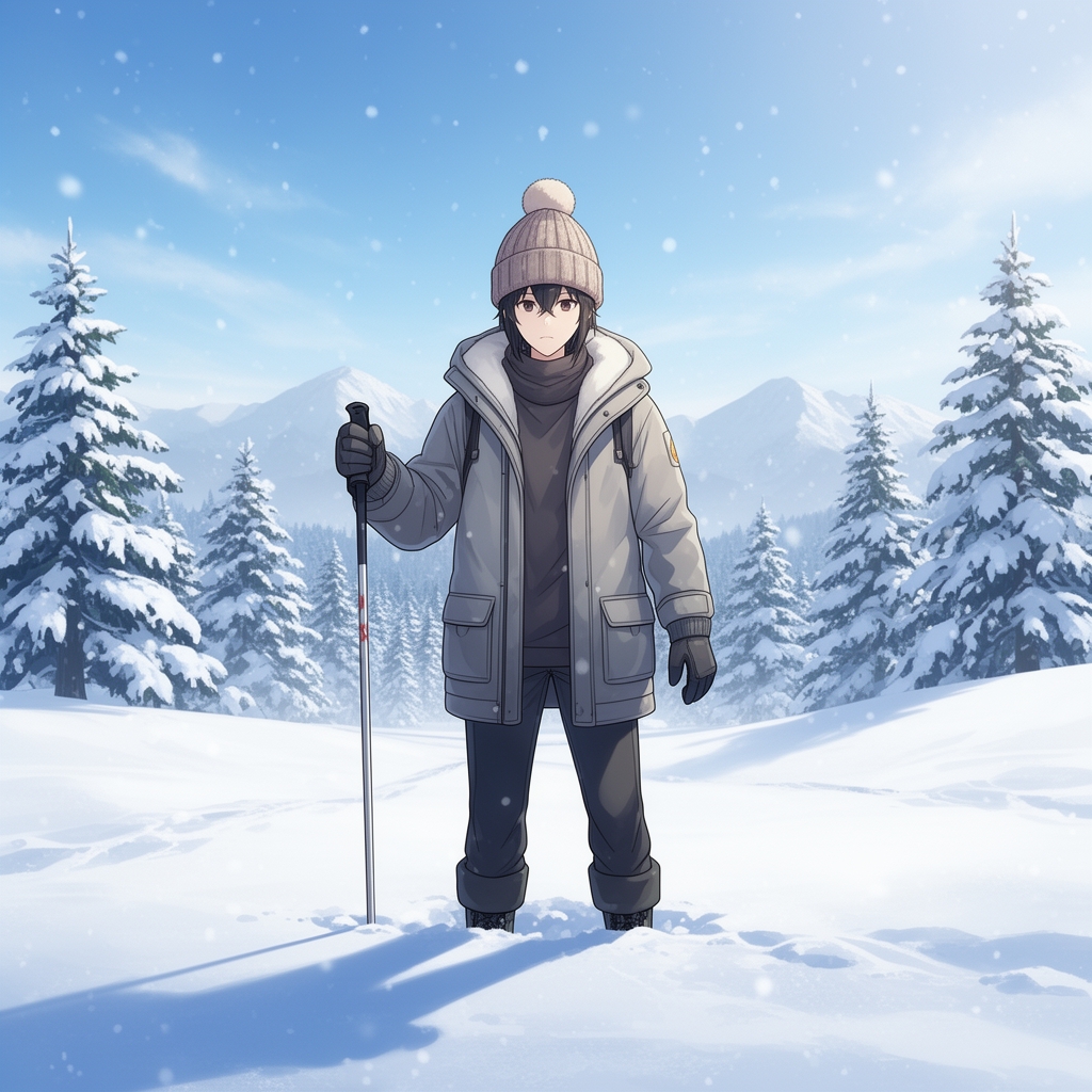 عکس زمستونی می خوام با کلاه وسط برف با چوب اسکی در دست0