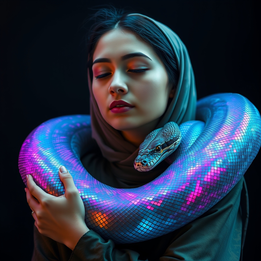 یک پرتره آرام از یک زن جوان با چشمان بسته ، به آرامی یک مار بزرگ و آیریدس را در آغوش می گیرد. مقیاس های مار در یک درخشش پر جنب و جوش و هولوگرافی براق می شوند و سایه های صورتی ، آبی و بنفش را در برابر پس زمینه تاریک بازتاب می دهند9