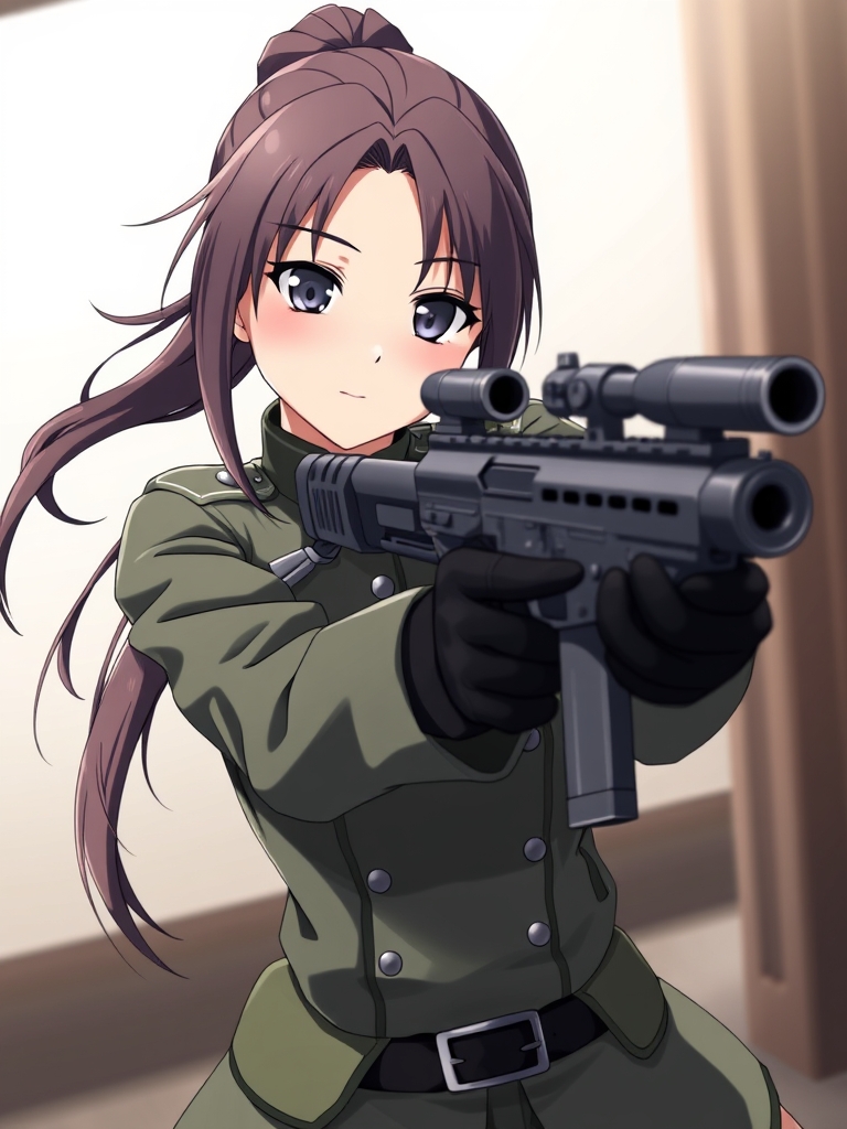 یه دختر جوان با چشمانی مشکی و موهایی بلند که از پشت بسته شده و سیمایی جذاب با لباس نظامی و یک تفنگ، درحال تمرین تیر اندازی با دست کش سیاه م پوتین های سیاه13