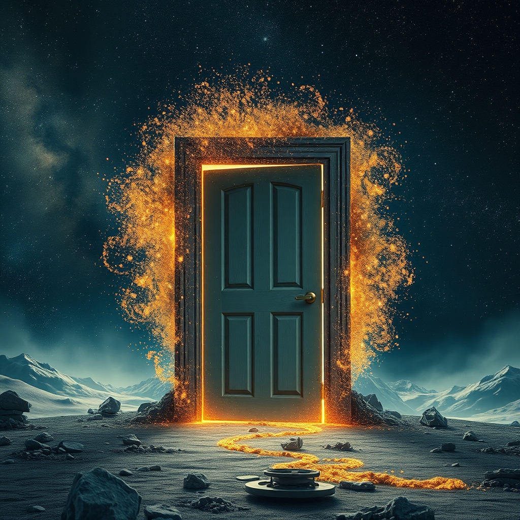 یک در مرموز ساخته‌شده از غبار ستاره‌ای، شناور در میان یک صحنه کیهانی.4