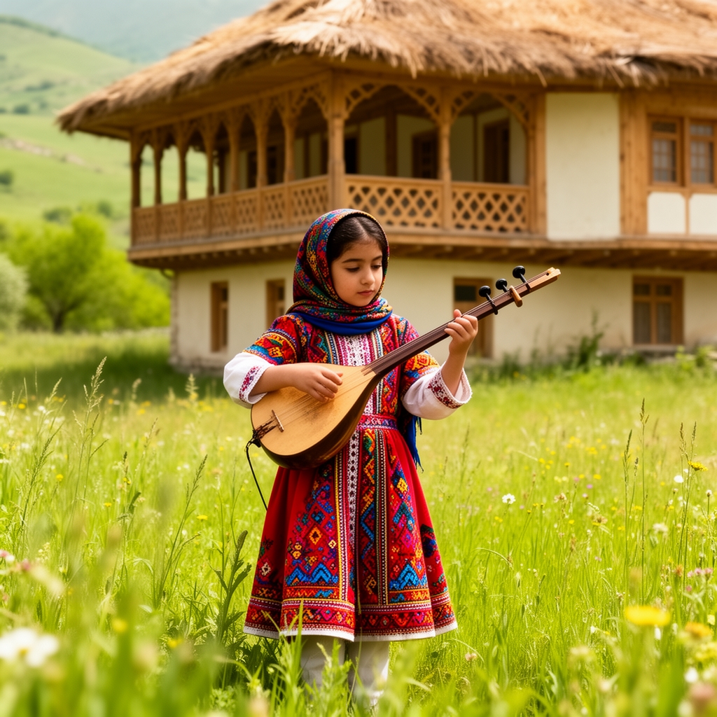 عکس یک دختر گیلانی با لباس سنتی بسیار زیبا و چهره قشنگ ، با کمانچه در دست در حال نواختن
در دشتی پر دشت و سر سبزی که در شت او یک خانه ی ایرانی گیلانی هست 10