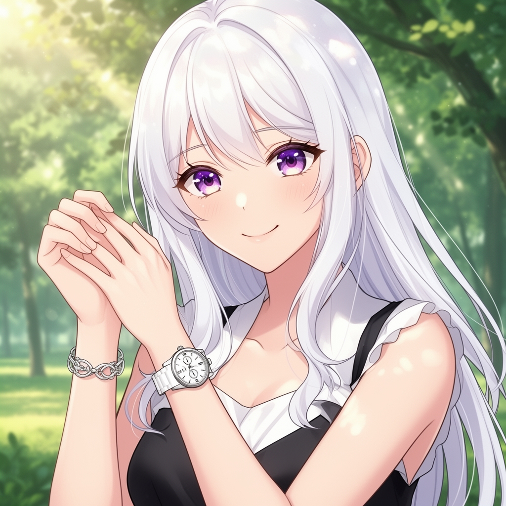 دختر با موهای سفید و بلنوو چشمان عسلی که یه پیراهن مشکی و سفید پوشیده و پس زمینه هم انگاری توی یه پارکه و میخوام عین خود انیمه باشه و بسیار زیبا باشه و توی یکی از دستاش دستبند نقره ای خوشگل (دست چپ ) و اوندیکی دست ساعت سفید از برند گرون قیمته و لبخند ملیحی میزنه و تصویر از نزدیک باشه0