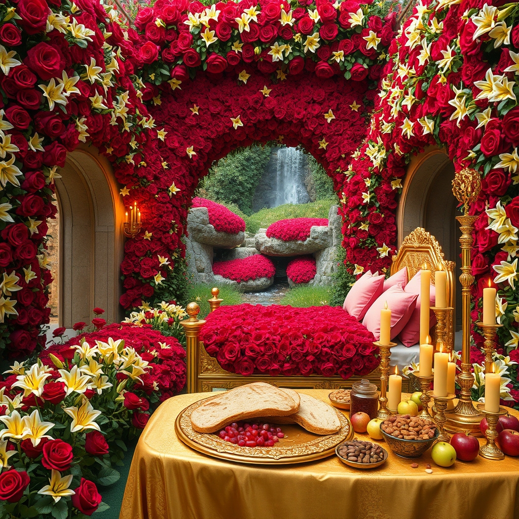 در باغی پر گل سرخ و لی لی یم زرد و سفید اطلسی شب بو
در و دیوار بلند آن پوشیده از گل سرخ لی لی یم زرد و سفید اطلسی و شب بو
زمین پر گل سرخ لی لی یم زرد و سفید اطلسی شب بو 
وسط باغ 
تونل مسقف از گل سرخ و لی لی یم
گوشه کنار رود آبشار جاری ست 
یک تخت خواب قرون وسطایی طلایی با کوسن صورتی پر  شده با گل سرخ و لی لی یم
شمعدان های پر شمع گوشه کنار دیده می شود 
و میز مجلل طلا 
پر نان کره خامه عسل مربا باقلوا شیر گردو پسته آجیل 
و میوه مثل انگور انار سیب1