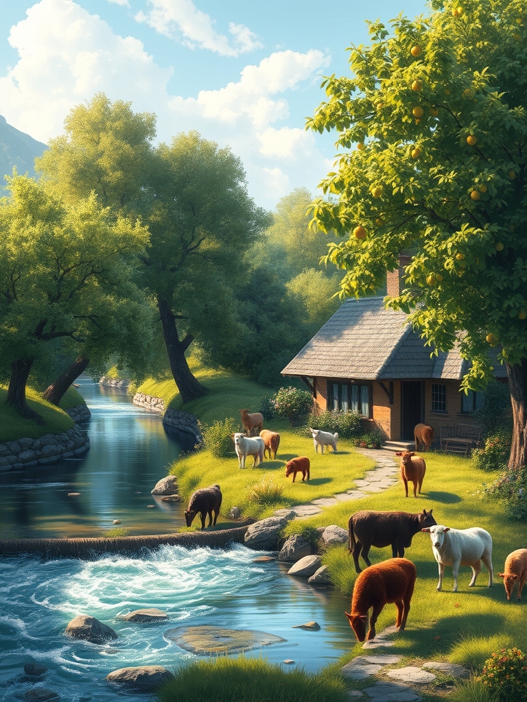 کلبه روستایی با حیوانات اهلی و رودی زیبا کنار درختان سر سبز میوه  آسمان بهاری9