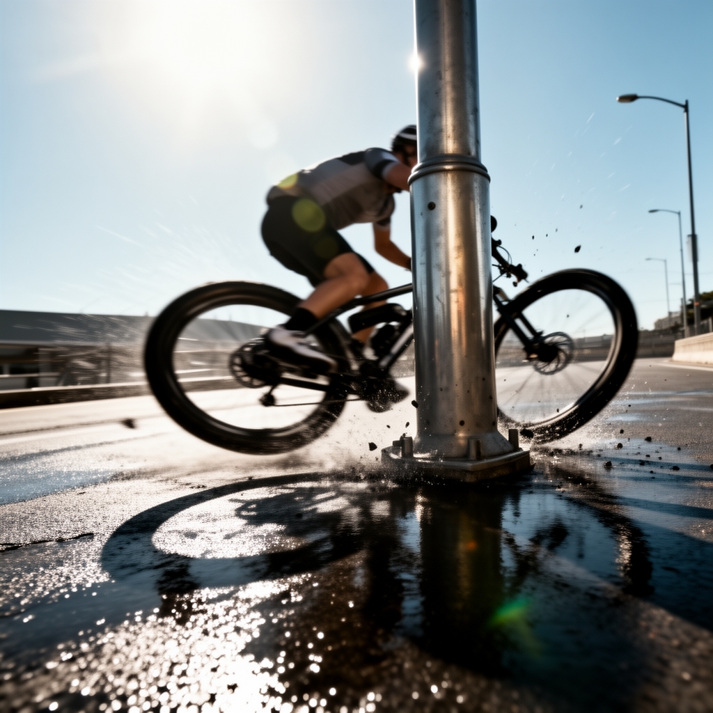 یک دوچرخهسوار به دلیل خیس و لغزنده بودن جاده به تیر چراغ برق برخورد میکند. در روز روشن1