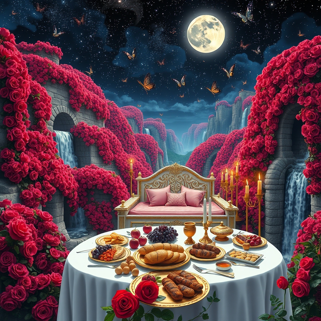 شب مهتابی پر از ستاره 
باغ گل رز سرخ افسانه ای در دل صخره های کوهستانی پوشیده از گل سرخ با در و دیوار و زمین پر از گل سرخ همه جا سرتاپای باغ با رز سرخ پوشیده شده 
هزاران آبشار جاری اند
رودها به هم می ریزند
پروانه های درخشان گوشه کنار هستند 
زیر تونل های دراز و مسقف از گل رز سرخ  
یک تخت خواب سفید طلایی سلطنتی قرون وسطایی با کوسن صورتی و شمعدان های طلا پر شمع 
یک میز سفید و طلایی مجلل شام 
پر نان کباب مرغ بریان باقلوا میوه سیب انار انگور14