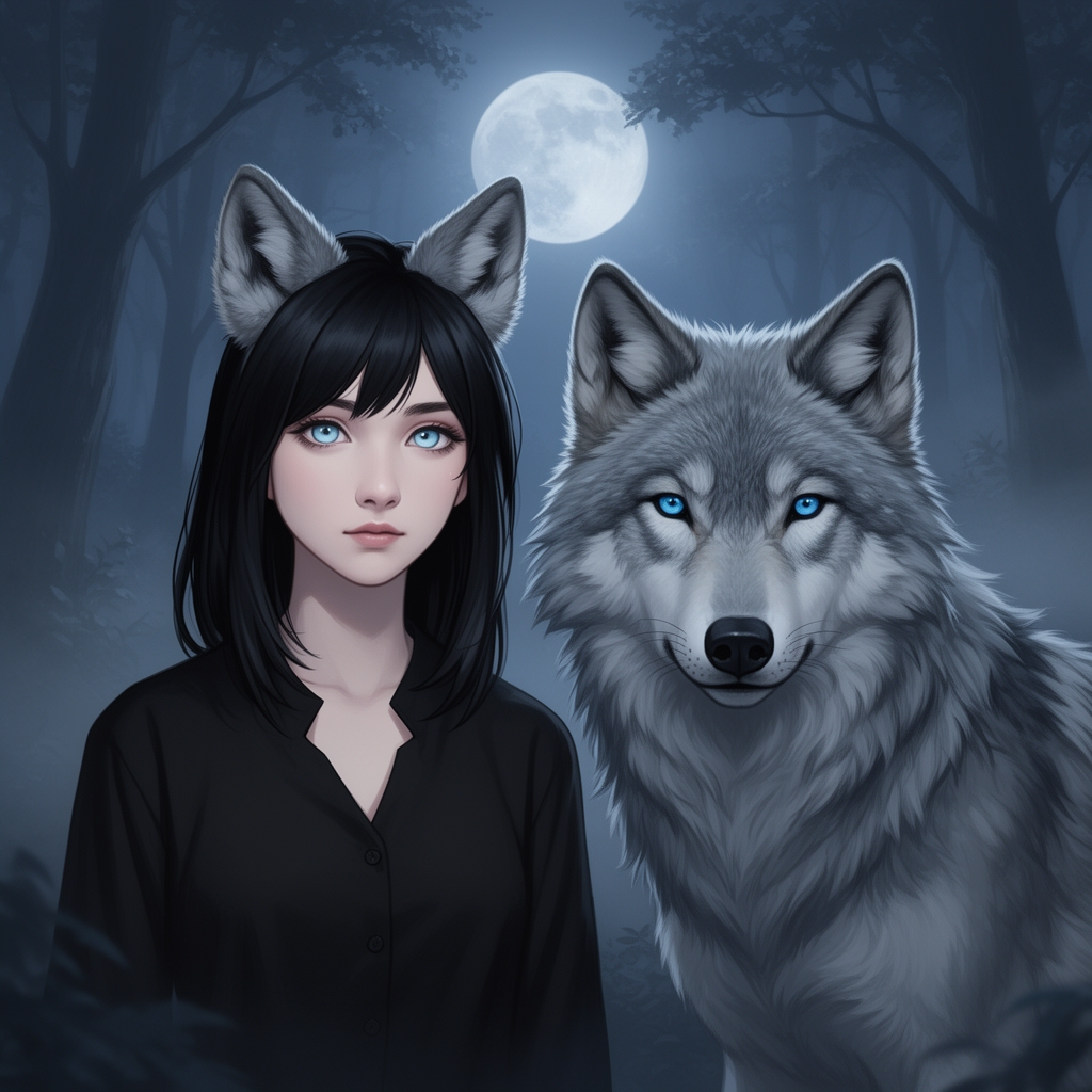 دختر گرگی که لباسش سیاهه و چشمانش آبی کم رنگه موهاش سیاه گوش های گرگی داره که طوسی و یک گرگ واقعی هم کنارشه چشمانش آبی یخی 1