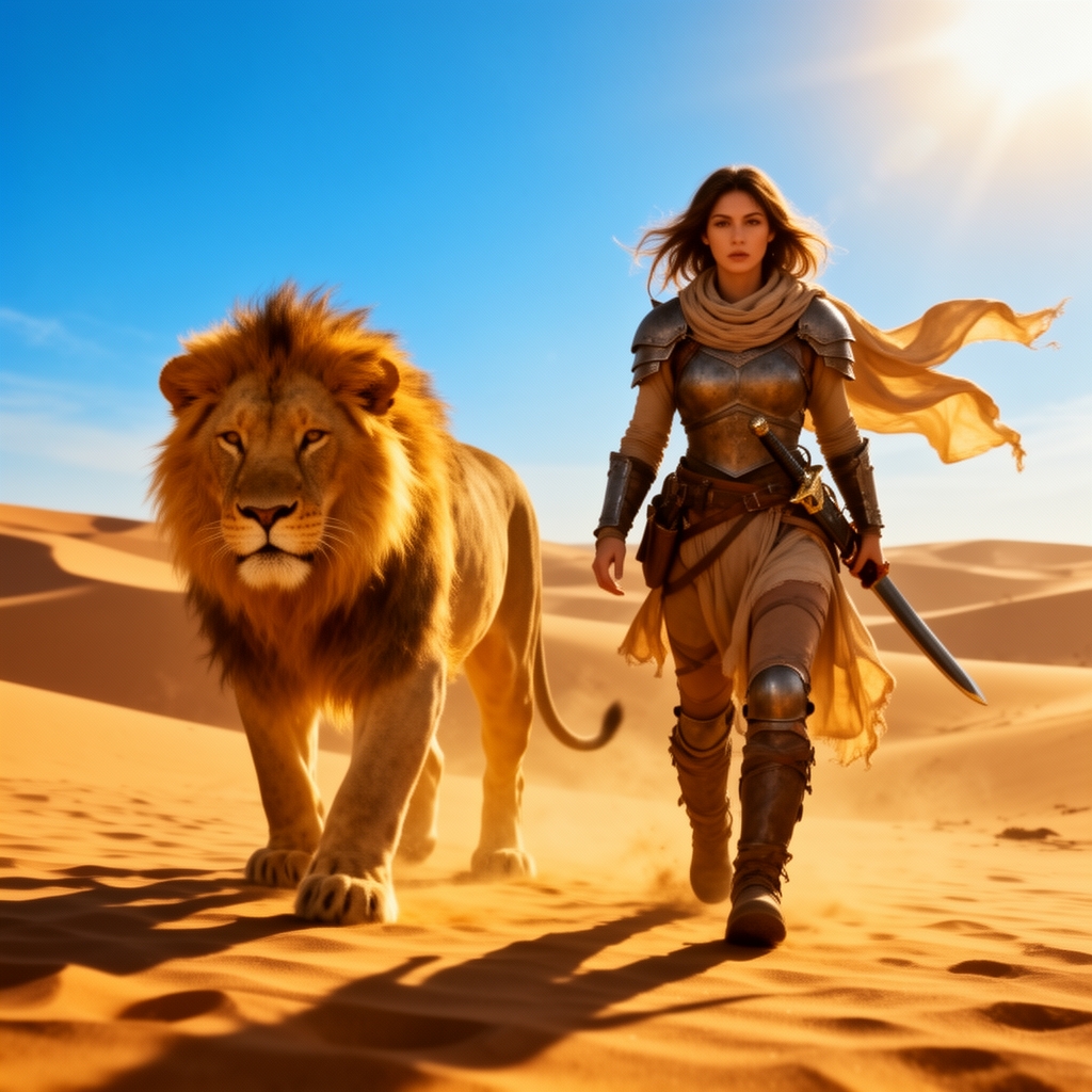 دختری جنگجو و خفن در کنار شیری در بیابان در حال قدم زدن 3