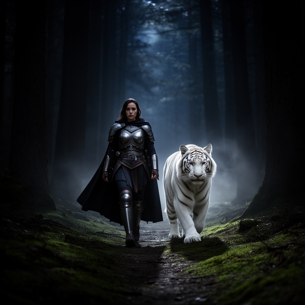 زن جنگجو وقوی در جنگل کنار ببر سفید در تاریکی در حال قدم زدن1