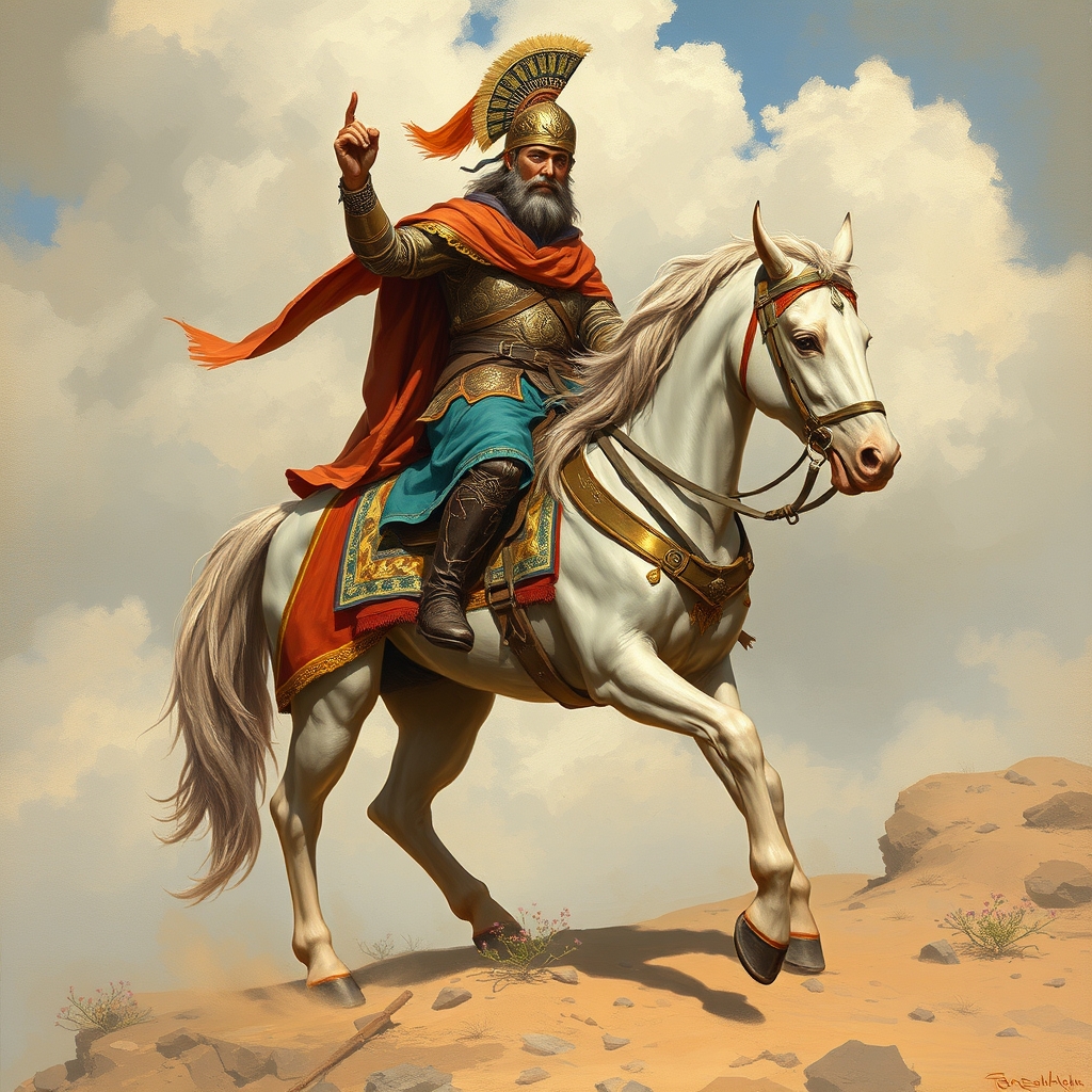رستم دستان رو سوار بر رخش که کلاه خود بر سر گذاشته و بسیار زیبا و استوار ایستاده2