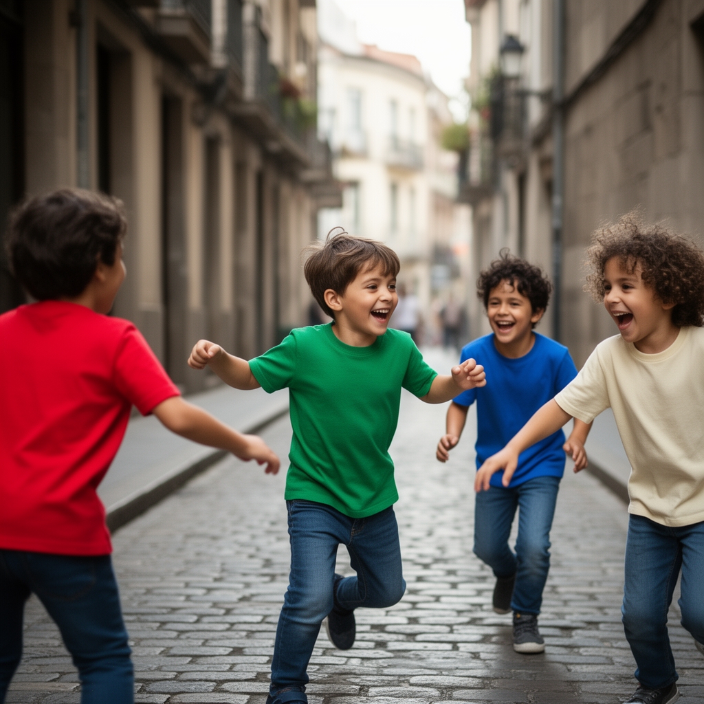 عکس پسری که مشغول بازی در کوچه است لباس سبزی تنش است و سه نفر دیگر هم با او بازی میکنند یکی از آن سه نفر لباسش قرمز است دیگری آبی است و آن یکی کرمی است0
