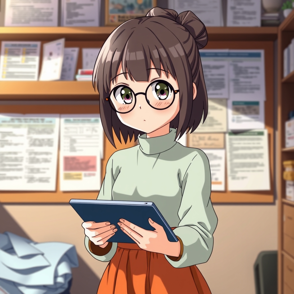 یک دختر با موهای بسته و با یک عینک بر روی چشمانش. یک تبلت دستش هست و روی در و دیوار اتاقش تحقیق و پژوهش هایی درباره هوش مصنوعی دیده می شود.10