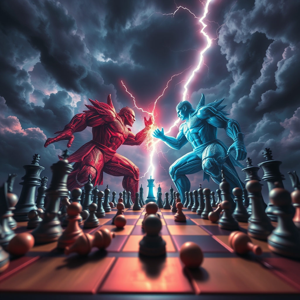 یک صفحه شطرنج که تعدادی مهره دارد و وسط ان دو نفر ادم قوی هیکل و بزرگ که یکی رنگ قرمز و دیگری رنگ ابی به خود گرفته است در حال نبرد هستند و در همان لحظه یک رعد و برق در اسمان است. 15