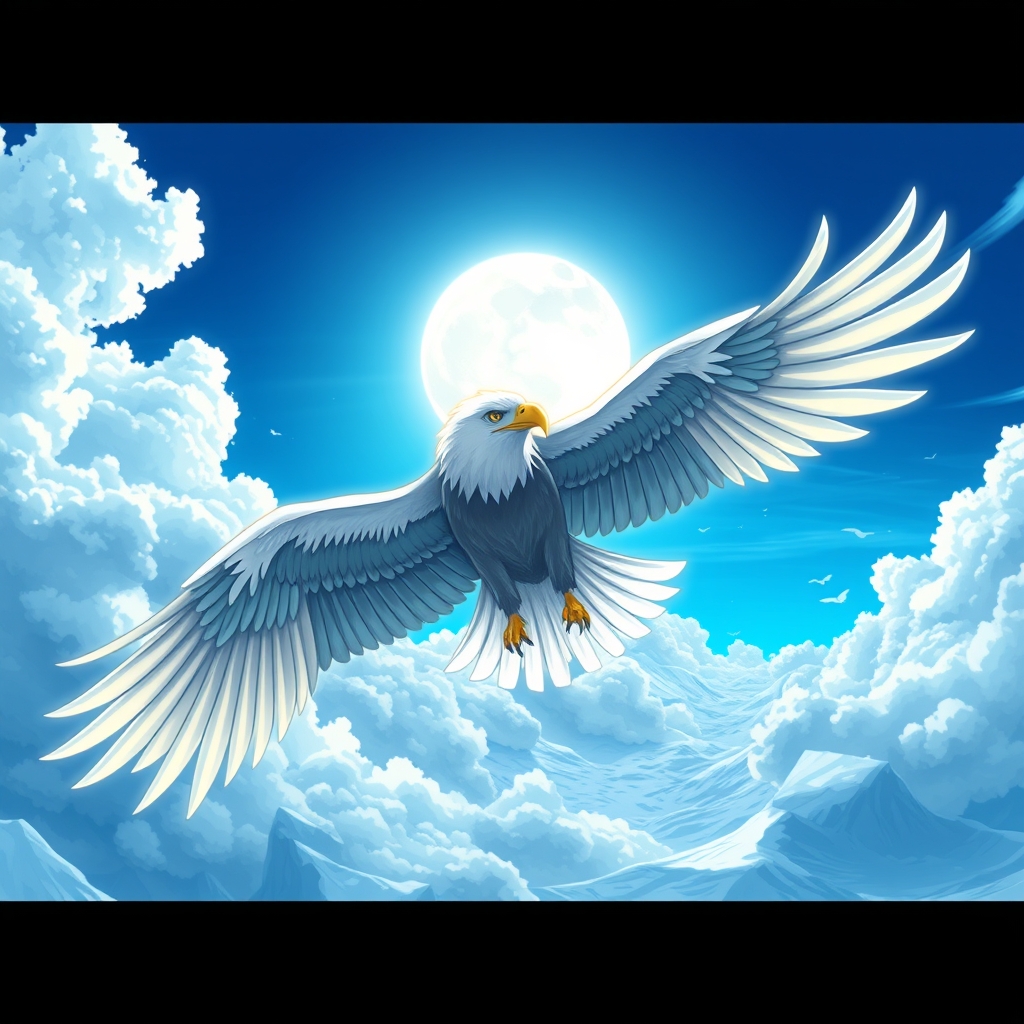 یک عقاب باهوش از جنس یخ در اسمان ابی و ابرهای یخی باماه درخشان22