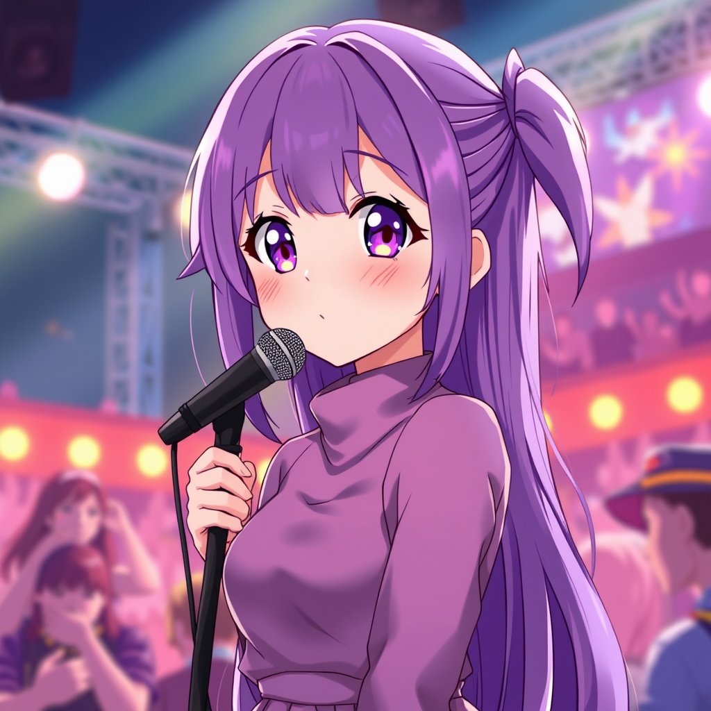 عکس انیمه ای دختری با موهای بنفش با پوست سفید که خواننده است در کنسرت با چشمان بنفش17