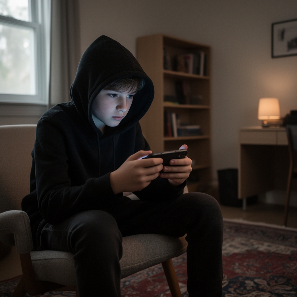 یه پسر ۱۴ ساله که هودی مشکی
 پوشیده و کلاه هودی روی سرشه و شلوار اساس پوشیده و تو گوشی داره کالاف بازی میکنه3