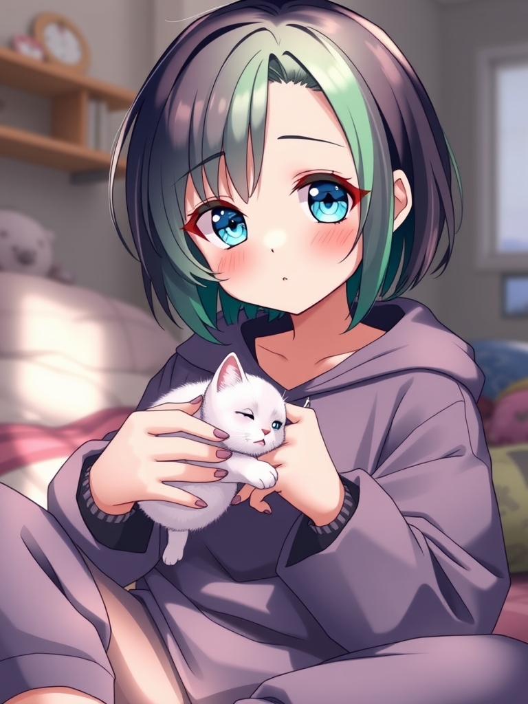 یک دختر با موهای کوتا تا زیر گوش و چشم های آبی و رنگ موهاش سبز و سیاه و لباسش هم لختی است و کیوته و با یه گربه کوچولوی پشمالو سفید بازی میکنه16