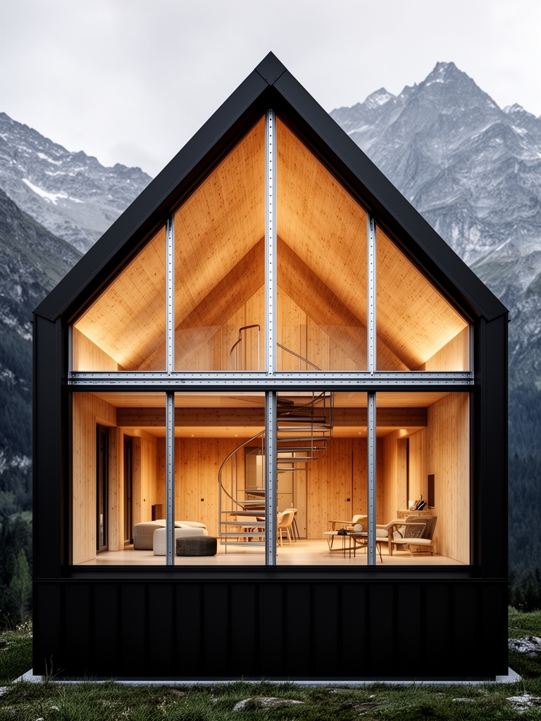 «یک رندر فوق‌واقعی (Ultra Realistic) از یک کلبه سوئیسی A-Frame.
ابعاد کلبه: عرض ۶ متر، ارتفاع ۷ متر.
کلبه دارای یک متر دیوار عمودی در پایین است و سپس سقف شیبدار A-Frame آغاز می‌شود.
جنس بدنه از ورق آهنی سیاه مات با فرم ذوزنقه‌ای است.
تمام نمای جلویی و بخشی از جانبی‌ها دارای پنجره‌های یکپارچه قدی هستند که داخل کلبه به‌طور واضح دیده می‌شود.
داخل کلبه مبله شده و زیر سقف از داخل با چوب طبیعی پوشانده شده.
اسکلت سازه داخل کلبه قابل مشاهده است؛ هر ۲ متر یک پروفیل آهنی با مقطع ۱۰×۱۰ سانتیمتر دیده می‌شود.
کلبه دو طبقه است و یک پله گرد فلزی از طبقه اول به طبقه دوم می‌رود.
نورپردازی گرم، فضاسازی کوهستانی، سبک سوئیسی مدرن، کیفیت بالا، جزئیات زیاد، رندر حرفه‌ای معماری، تناسبات دقیق.»
4