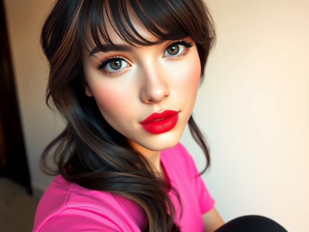 یک دختر زیبا ۲۰ ساله با تیشرت گلبه ای پرنگ و شلوار مشکی و لب های سرخ موهای موج دار سیاه که پایینشون‌ قهوه ای  چتری گونه های برجسته مژه بلند و چشمانی درشت قهوه ای تیره و پوست سفید18