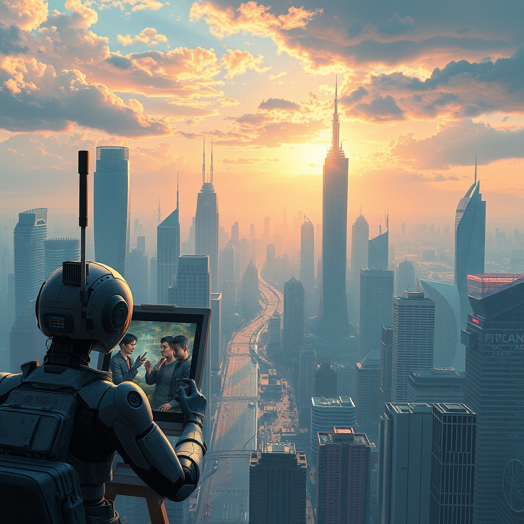 چشم‌انداز یک شهر آینده‌نگر از دید یک هنرمند اندرویدی که آن را نقاشی می‌کند.4