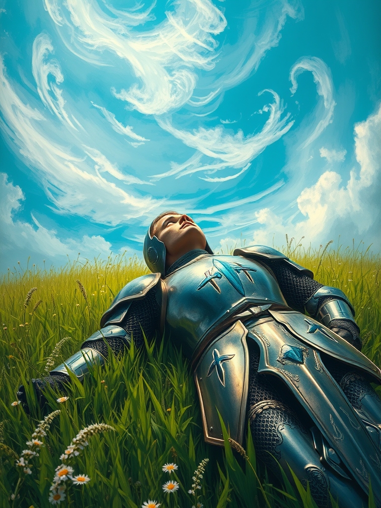 یک شوالیه که در چمن زار دراز کشیده و به بالا نگاه میکند نمای تصویر از بالا3