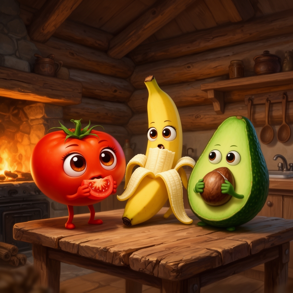 عکس یک گوجه که داره با چشمای درشت به دوربین نگاه میکند و کنار میز ایستاده و دارد گوجه خورد می کند و یک موز هم به دوربین نگاه میکند با چشم ها درشت و دارد موز میخورد که در یک خانه چوبی زندگی میکنند و در اشپز خانه اند و یک اواکادو که هسته اواکادو در دست دارد انجا هستند و اواکادو دارد به هسته نگاه میکند1