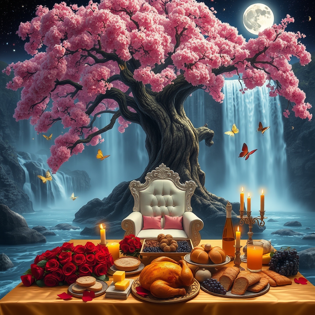 درخت پر شکوفه صورتی سیب بزرگ و پهناور بالای یک آبشار بزرگ با رودهای جاری اطرافش 
پایین آبشار زیر سایه شکوفه های صورتی درخت سیب 
یک تخت سلطنتی سفید  با تم ملکه قرون وسطایی  و کوسن صورتی گذاشته شده در شب درخشان پر ستاره با مهتاب درخشان و پروانه های درخشان
یک میز دراز زرین پر شده با گل سرخ و شمع ها 
 نان کره عسل مرغ بریان خوشه انگور باقلوا نزدیک تخت گذاشته شده 3