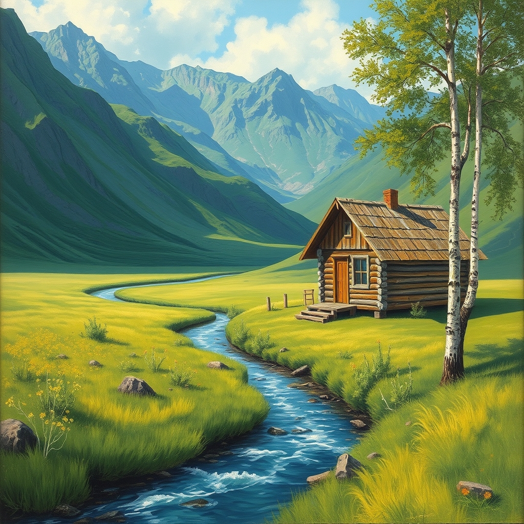 یک کلبه چوبی وسط یک صحرای سرسبز ک ازکنارکلبه ی رودخانه باریک میگذرد ویک درخت بید مجنون کنار کلبه هست13