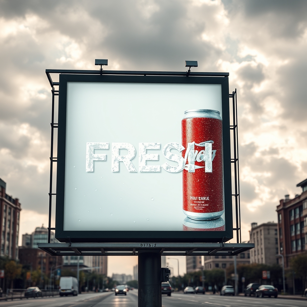 ماکت بیلبورد تبلیغاتی شهری با پسزمینه آسمان ابری، روی بیلبورد عکس یک نوشابه خنک است و کلمه "FRESH" با قطرات آب نوشته شده.0