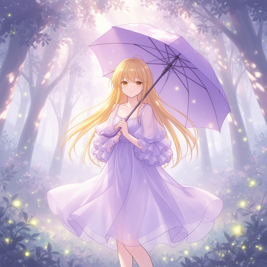 یک دختر نوجوان موهای بلند که یک چتر بنفش کم رنگ دستش گرفته با لباس بنفش کم رنگ توری با استین های پفپفی گ رویایی با موهای طلایی کم رنگ در پشت زمینه یک جنگل رویایی2