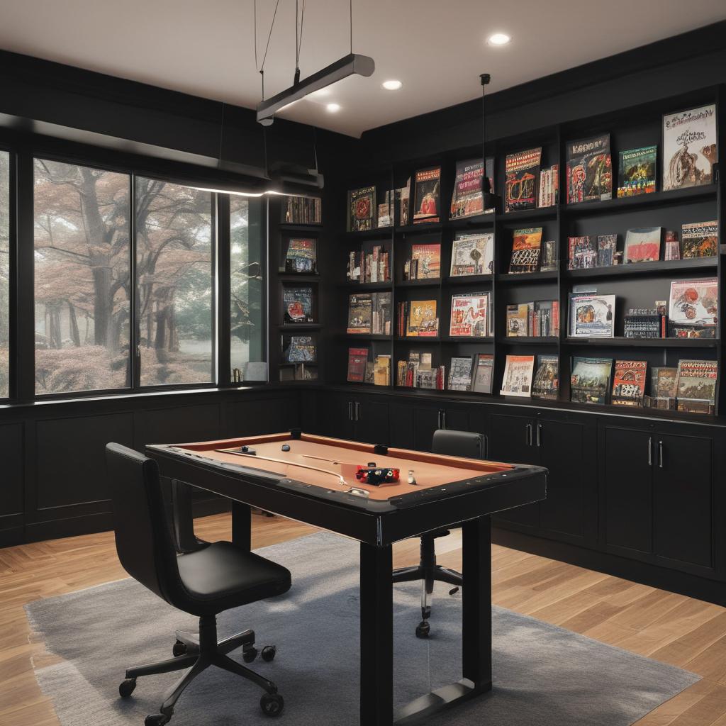 یک اتاق بازی با یک میز و صندلی بازی سیاه ای رنگ. یک کامپیوتر بازی روی میز، تابلوهای بازی روی دیوار،23