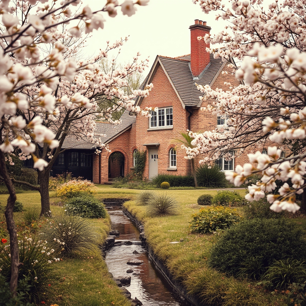 باغی با درختانی همراه با شکوفه های صورتی و سفید
و رودخانه ای کوچک با خانه ای آجری و قدیمی
فضایی قدیمی و کهنه22