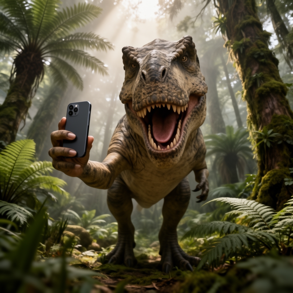 یک دایناسور تیرکس که سعی دارد با دستهای کوتاهش سلفی بگیرد، زاویه دوربین کج و بامزه، دهان باز و خندان، پسزمینه جنگل ژوراسیک.1