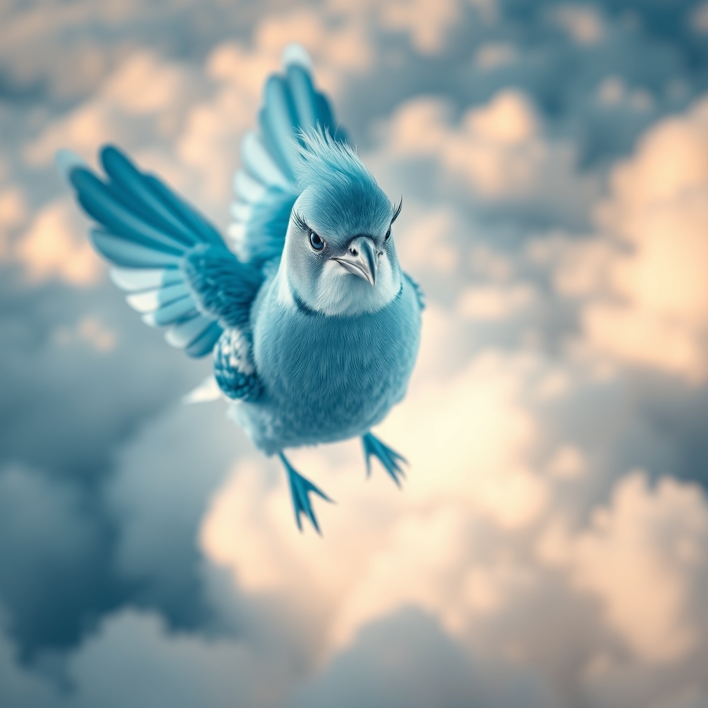 عکس پرنده ای در حال پرواز میان ابر ها با بدن آبی یخی که پر و بال هایش آبی آسمانی است و ته بالش سفید است و یک دم آبی آسمانی و سفید دارد و چشم هایش آبی پررنگ است و مژه های بلند و مشکی دارد و موهای آبی آسمانی و سفید دارد و پاهایش آبی یخی است.1