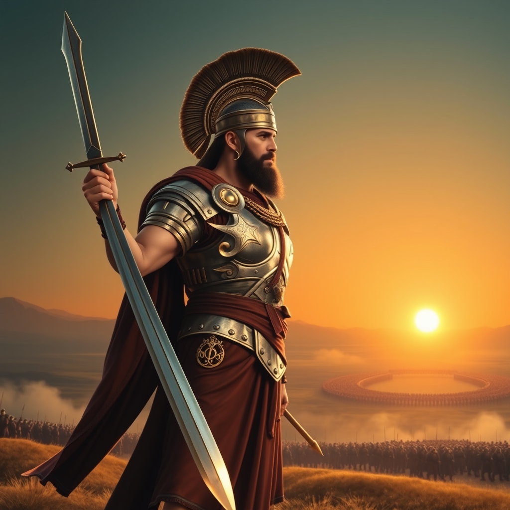 یک سرباز هخامنشی با زره خونی و شمشیر براق و خونی در دست خود روی تپه ای ایستاده و درحال نگاه کردن به هزاران سربازه تو یک دشت و خورشید هم درحال غروب کردن باشه و چهره سرباز پر غرور باشه2