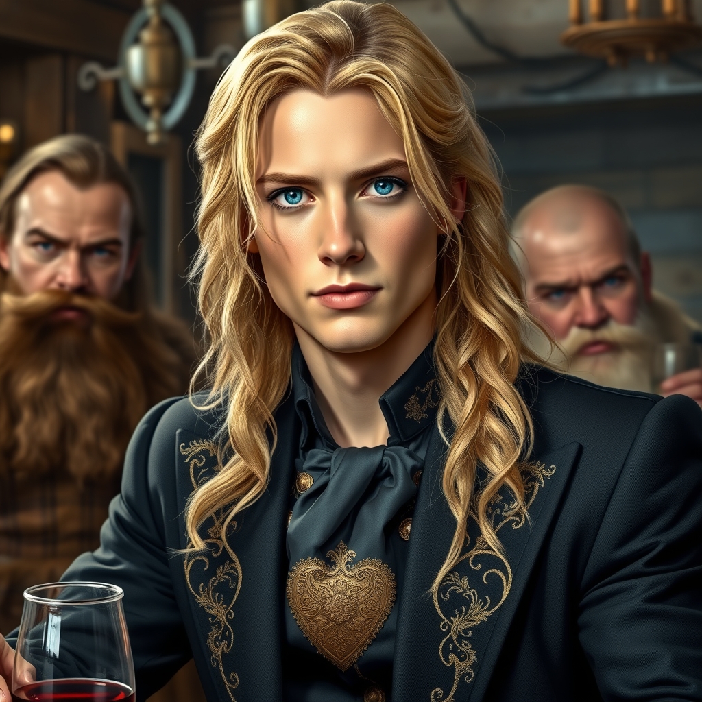 زیبا ترین پسر جهان با موهای طلایی و چشمان آبی و با لباس مشکی با حکاکی های طلایی در حال ریختن شراب در میکده برای مردانی قوی با ریش های بلند 2