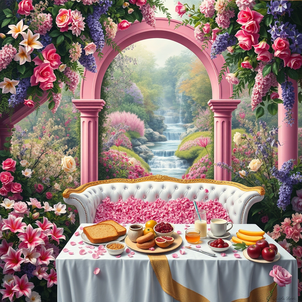 باغ زیبای بزرگ و افسانه ای پر رز لاله لی لی یم اطلسی شب بو مریم کوکب یاس نرگس نسترن  سرتاپای باغ با گلها پوشیده شده 
آبشاران جاری اند
رودها به هم می ریزند
زیر طاق گل صورتی 
یک کاناپه سفید و طلایی دراز پر شده با گلبرگ
 و میز مجلل صبحانه 
پر نان کره خامه عسل مربا شیر میوه سیب انار انگور5