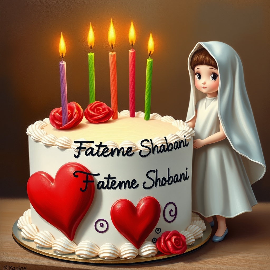 کیک  تولدی که به فارسی روش نوشته شده باشه فاطمه شعبانی و یه قلب قرمز کنارش و دختری چادری کنارش باشد 
14