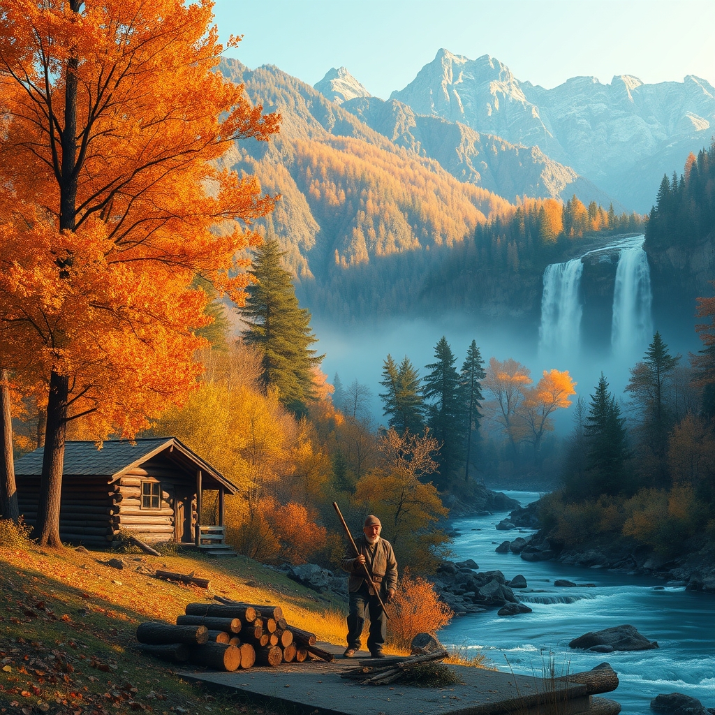 پاییز در جنگل با کوه و آبشار و رودخانه یک کلبه و پیرمرد هیزم شکن11