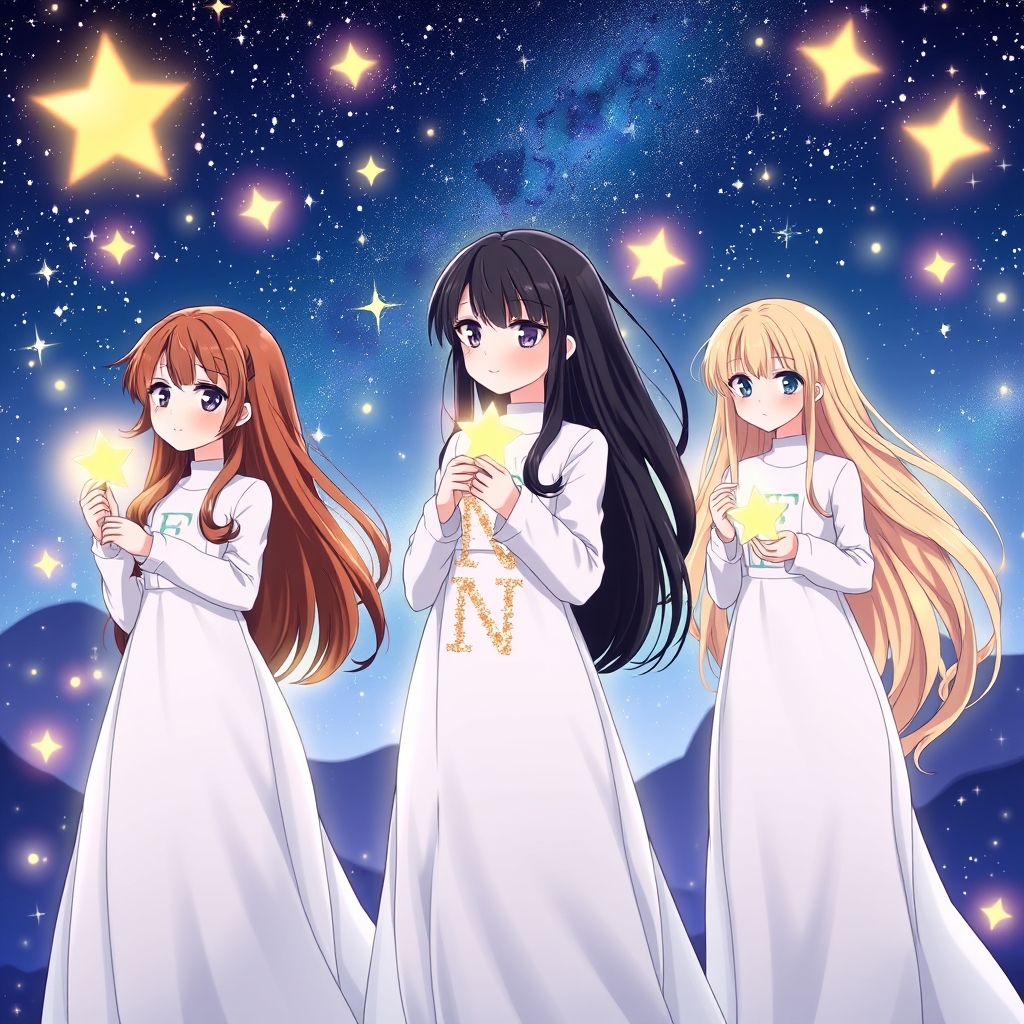 دو دختر که در شبی رویایی با گل های ستا ره ای که در دست دختر هاست دختر اولی با موهای قهوه ای دختر دومی با موهای مشکی و دختر سومی با موهای بلون بلند و بار با لباس های سفید اکلیلی که یکی از آنها رو ی لبا سش f نوشته و روی لبا س دختر دومی حرفnنوشته و سومی روی لباسش حرف m باشد18
