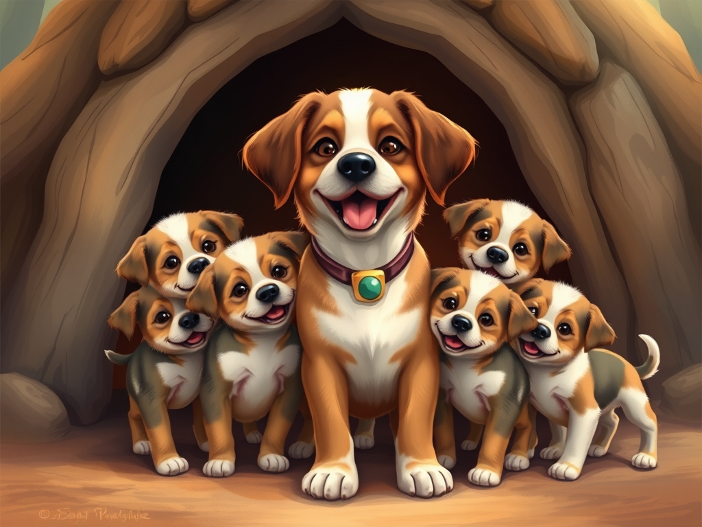 یک سگ مادر با ۷ توله سگ زیبایش در مقابل لانه اشان در کنار هم 9