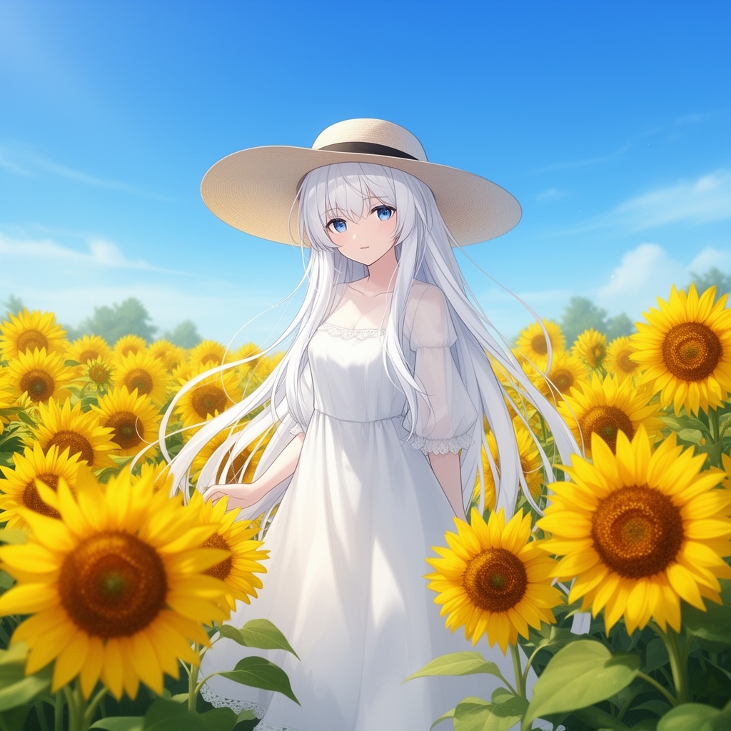 تصویر انیمه دختر زیبا با موهای و لباس سفید و کلاه آفتابی ایستاده بین گلهای آفتابگردان


2