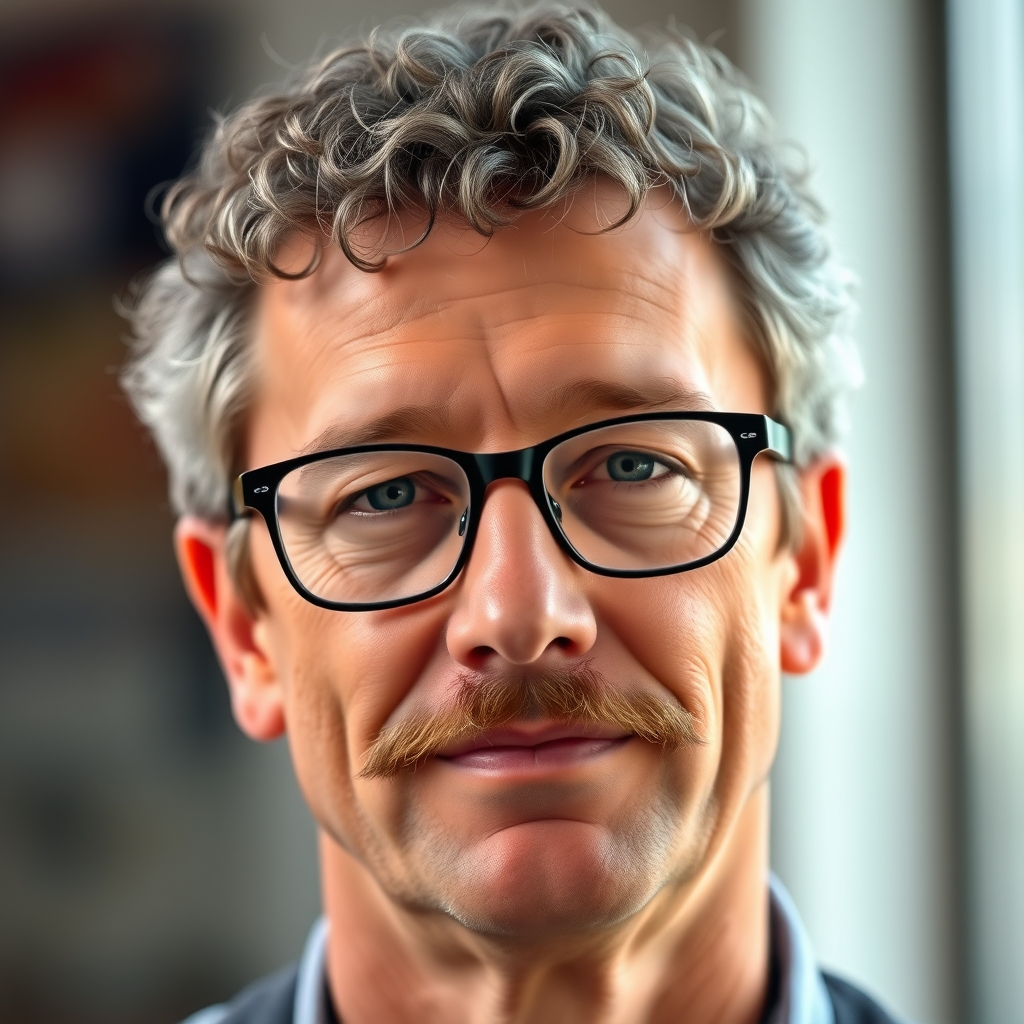 یک مرد که موهای کوتاه فر دارد رنگ مو ها جو گندمی و مرد عینک زده و سیبیل دارد12