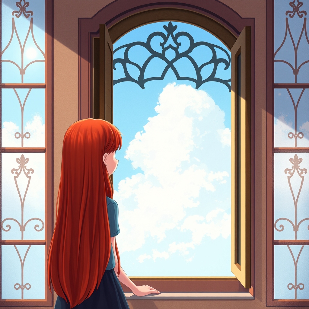 یک دختربا مو های قرمز دار به یک منزره زیبا نگاه میکند23